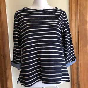 NAUTICA Three-Quarter Sleeve Blue White Stripe Top with Cuffs Me…